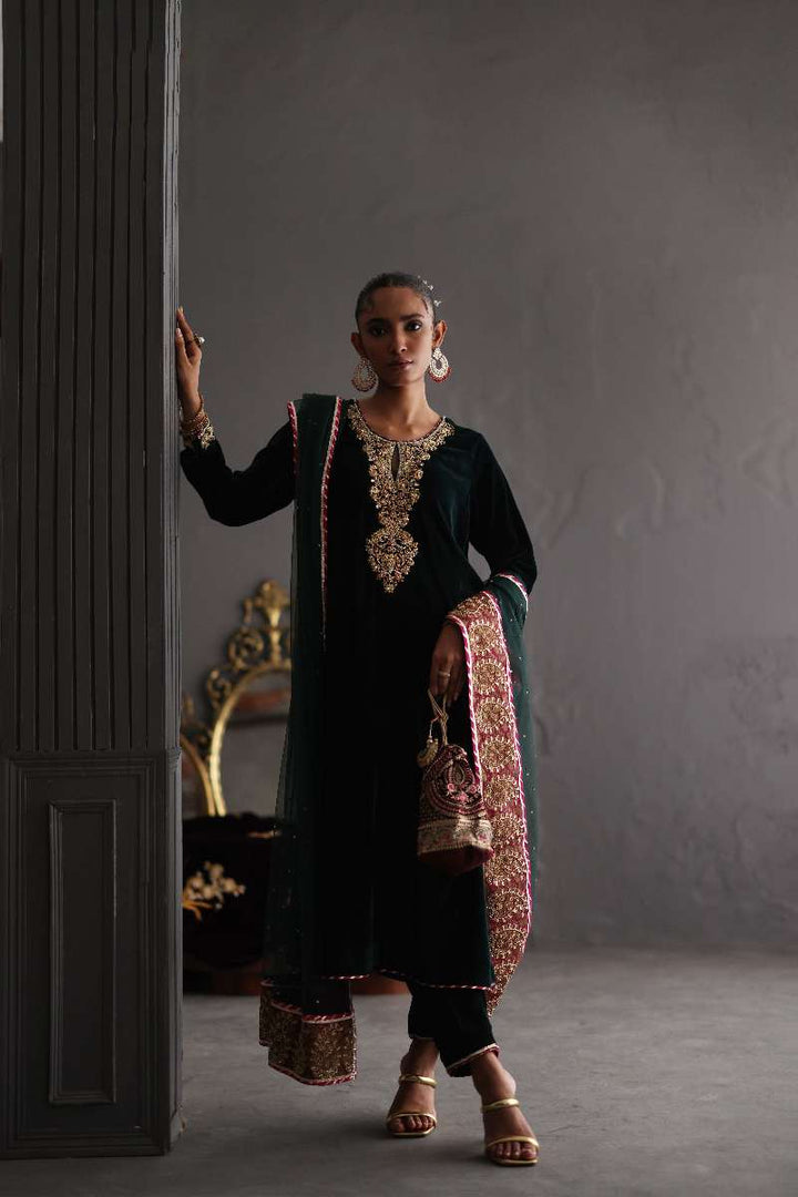 Deepak Perwani - Velvet & French Net Formal Suit For Women - 3 Piece