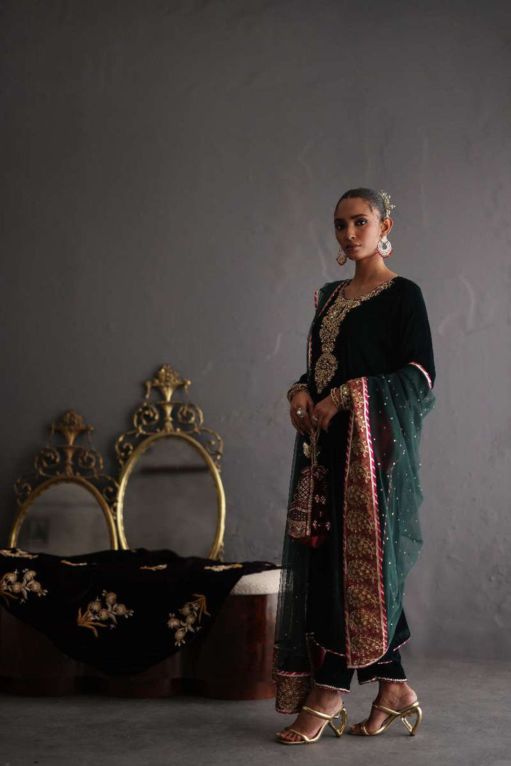 Deepak Perwani - Velvet & French Net Formal Suit For Women - 3 Piece