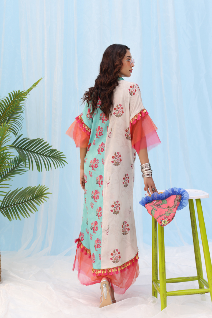 Musferah Saad - Tassel & Bloom - aqua and beige - Silk - 1 Piece