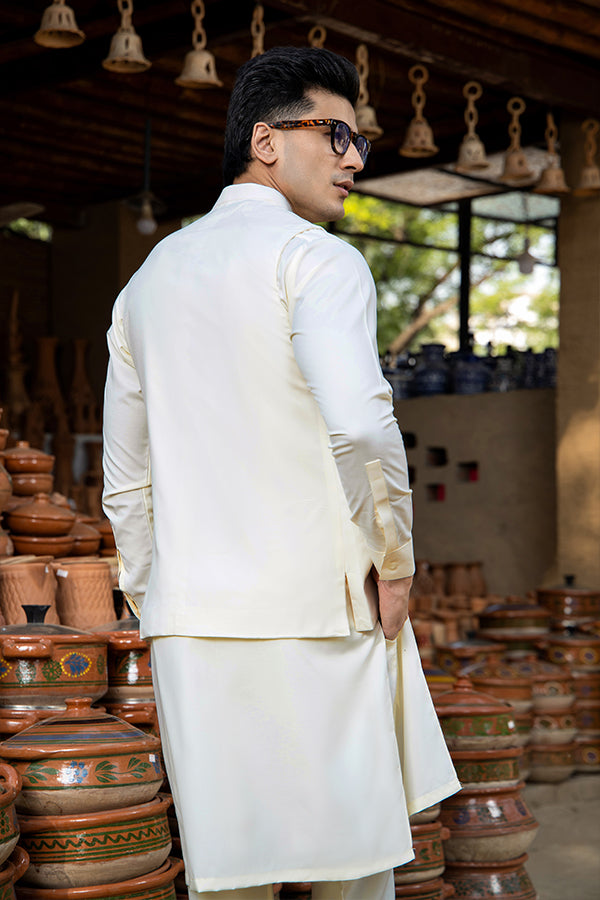 Arif Ashraf -  Cream Boski Kurta Trouser with Waistcoat - 3 Piece