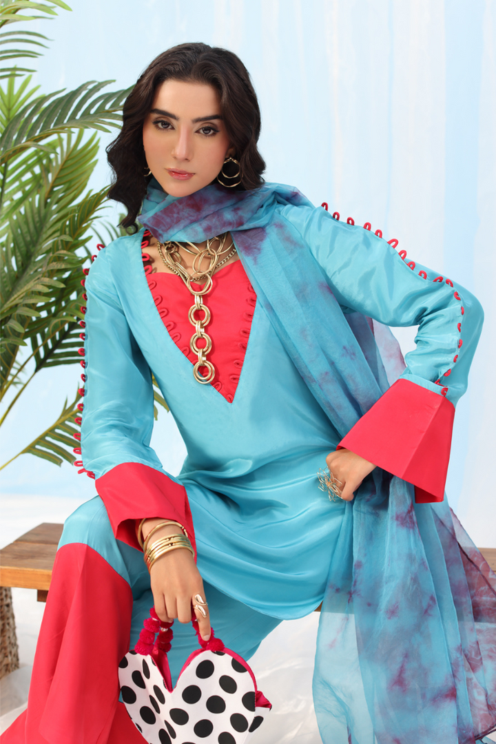 Musferah Saad - Eclectic Bloom - teal and tangerine - Silk - 2 Piece