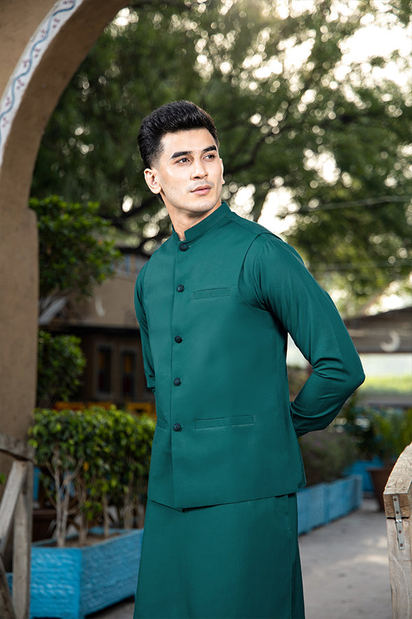Arif Ashraf - Teal Kurta Trouser with Waistcoat - 3 Piece
