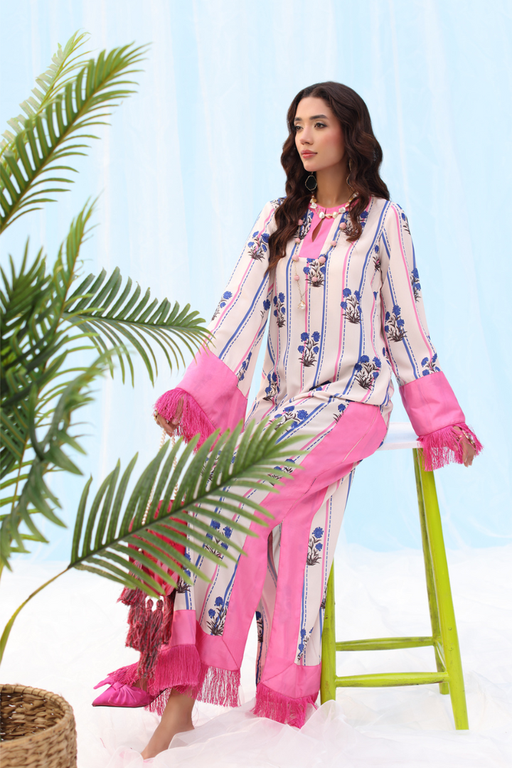 Musferah Saad - Candyline - Beige & Barbie Pink - Silk - 1 Piece