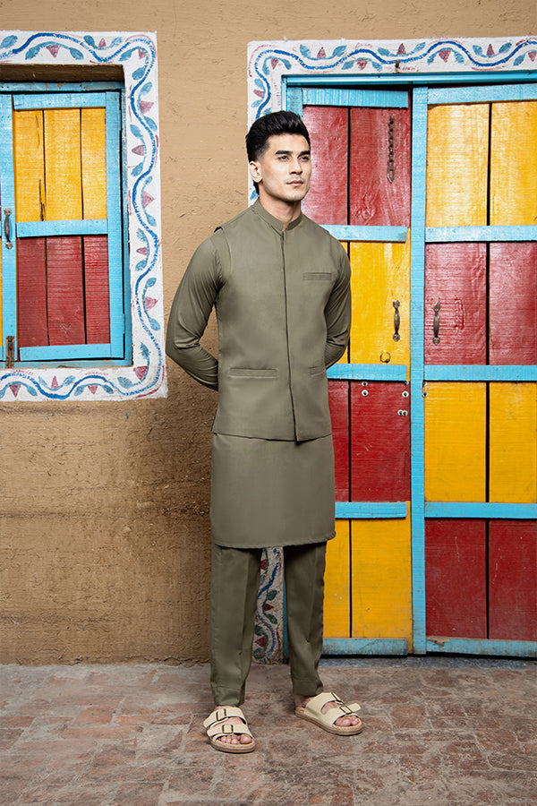 Arif Ashraf - Army Green Kurta Trouser with Waistcoat - 3 Piece