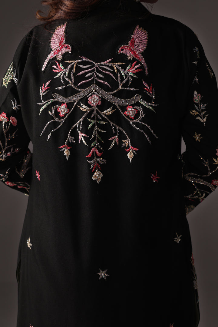 Reema Ahsan - Nera Rawsilk Jacket Dress For Women - Black - 2 Piece