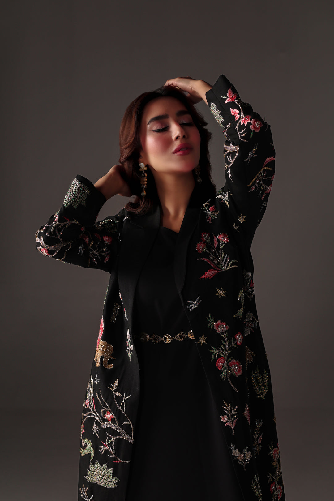 Reema Ahsan - Nera Rawsilk Jacket Dress For Women - Black - 2 Piece