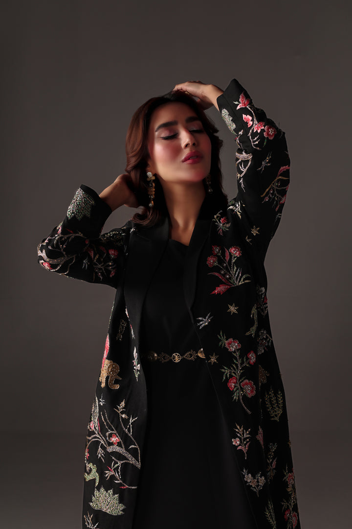 Reema Ahsan - Nera Rawsilk Jacket Dress For Women - Black - 2 Piece