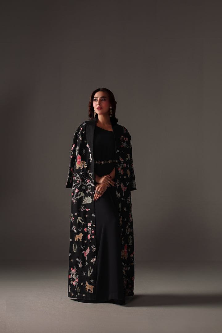Reema Ahsan - Nera Rawsilk Jacket Dress For Women - Black - 2 Piece