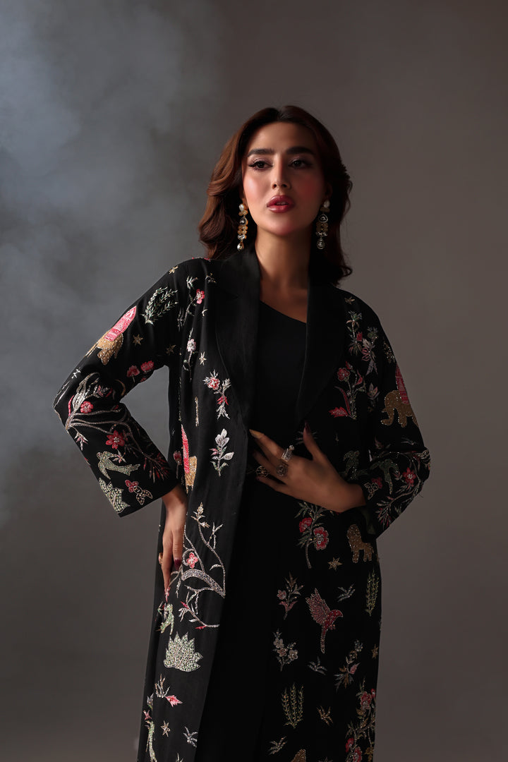 Reema Ahsan - Nera Rawsilk Jacket Dress For Women - Black - 2 Piece