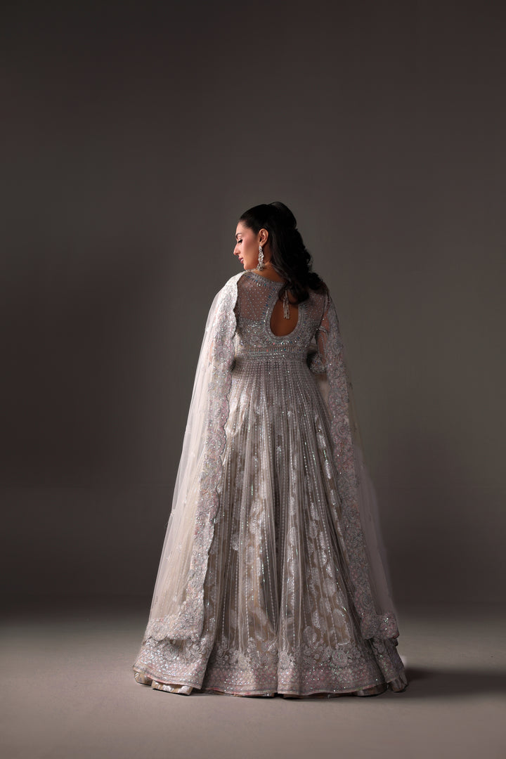 Reema Ahsan - Elane Net & Jamawar Pishwas Lehenga For Women - White - 3 Piece