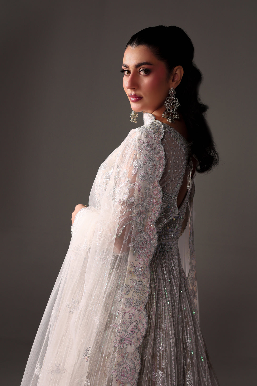 Reema Ahsan - Elane Net & Jamawar Pishwas Lehenga For Women - White - 3 Piece