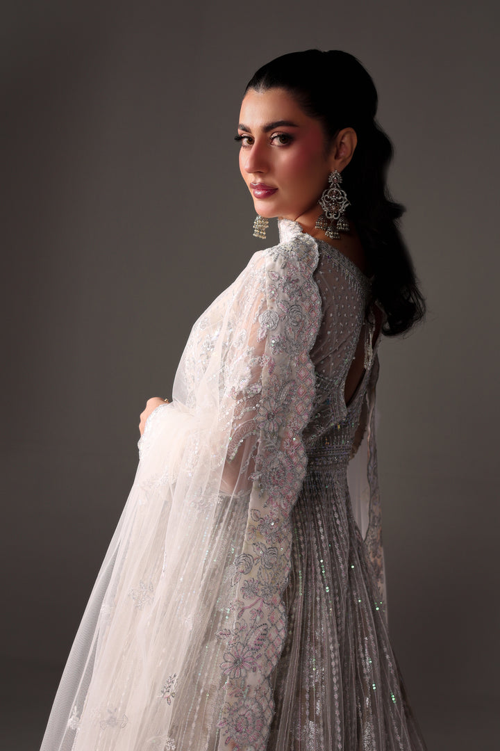 Reema Ahsan - Elane Net & Jamawar Pishwas Lehenga For Women - White - 3 Piece