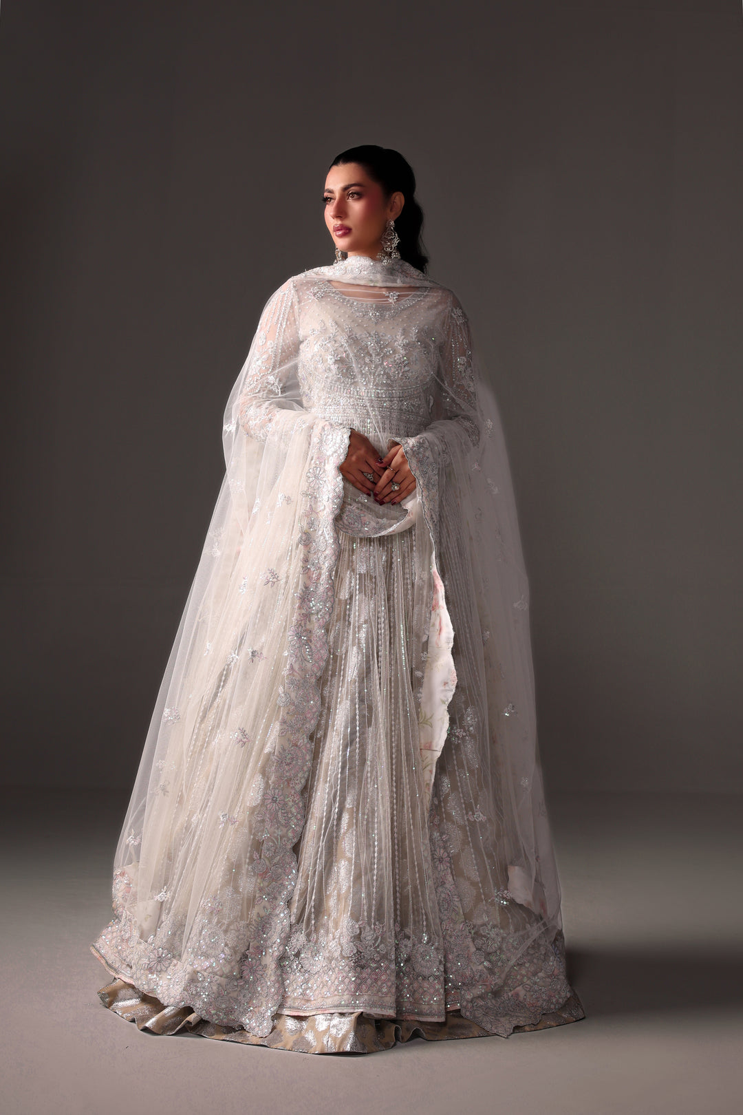 Reema Ahsan - Elane Net & Jamawar Pishwas Lehenga For Women - White - 3 Piece