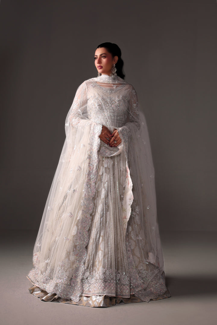 Reema Ahsan - Elane Net & Jamawar Pishwas Lehenga For Women - White - 3 Piece