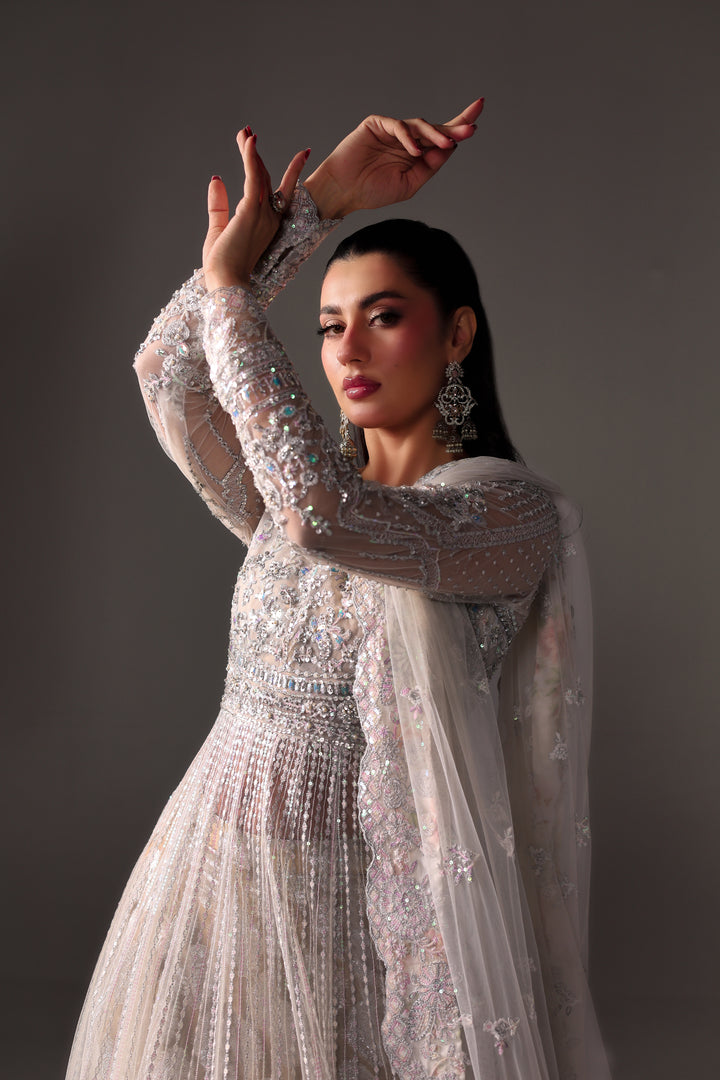 Reema Ahsan - Elane Net & Jamawar Pishwas Lehenga For Women - White - 3 Piece