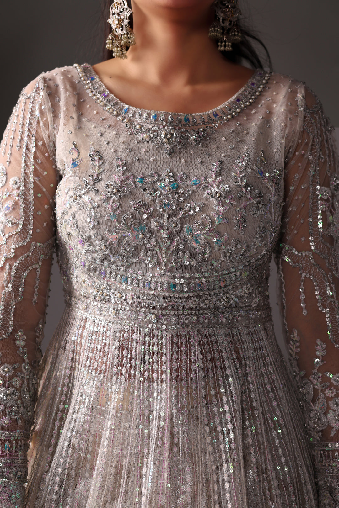 Reema Ahsan - Elane Net & Jamawar Pishwas Lehenga For Women - White - 3 Piece