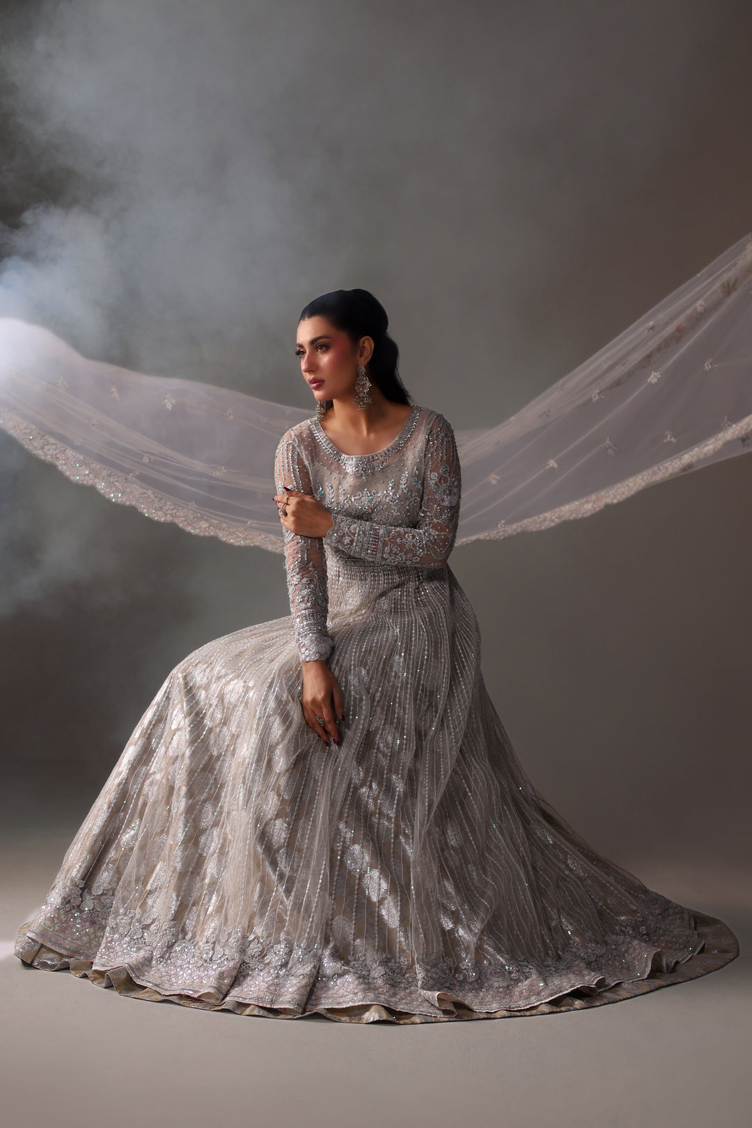 Reema Ahsan - Elane Net & Jamawar Pishwas Lehenga For Women - White - 3 Piece