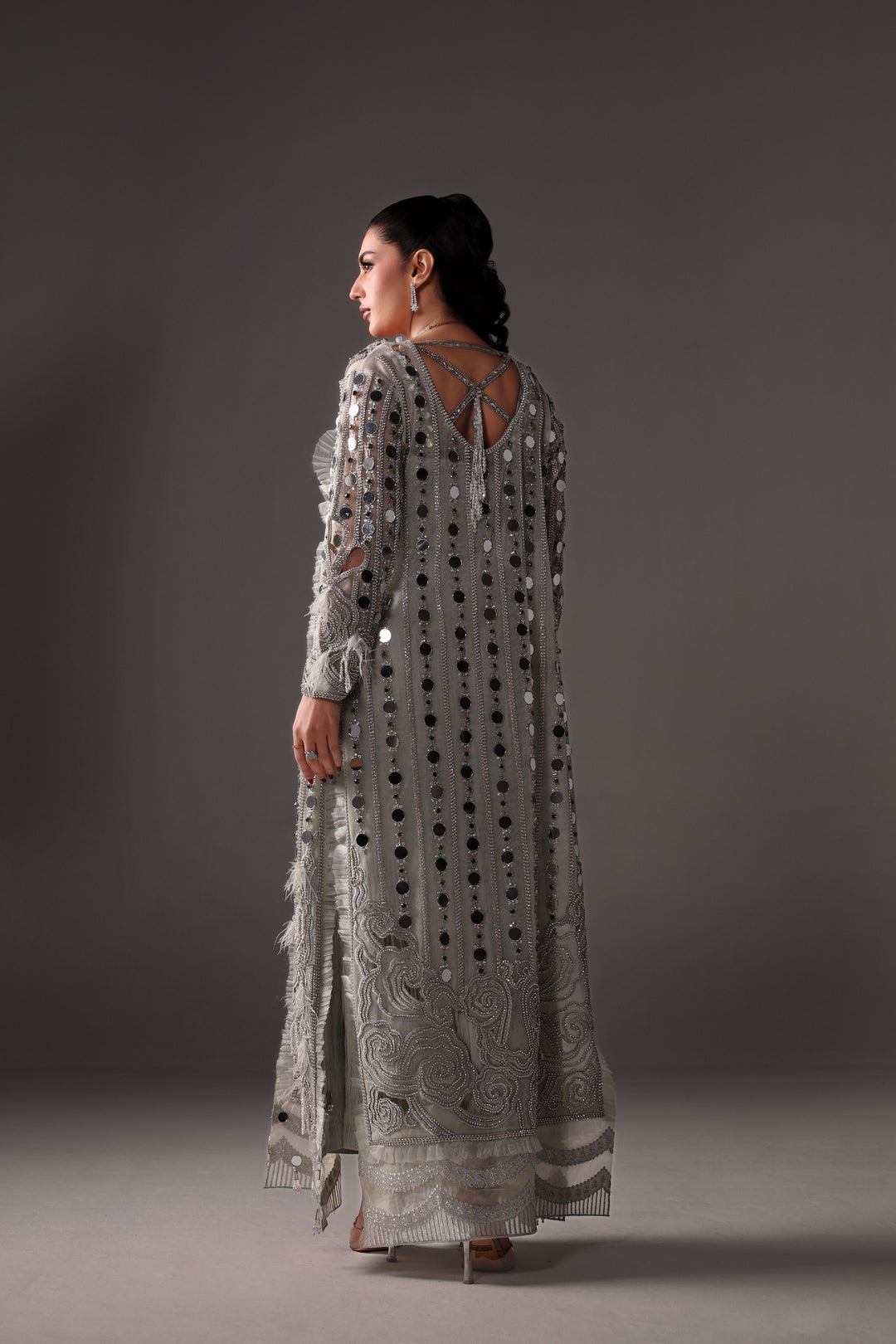 Reema Ahsan - Aveen Net & Crushed Silk Jacket Dress For Women Green - 3 Piece