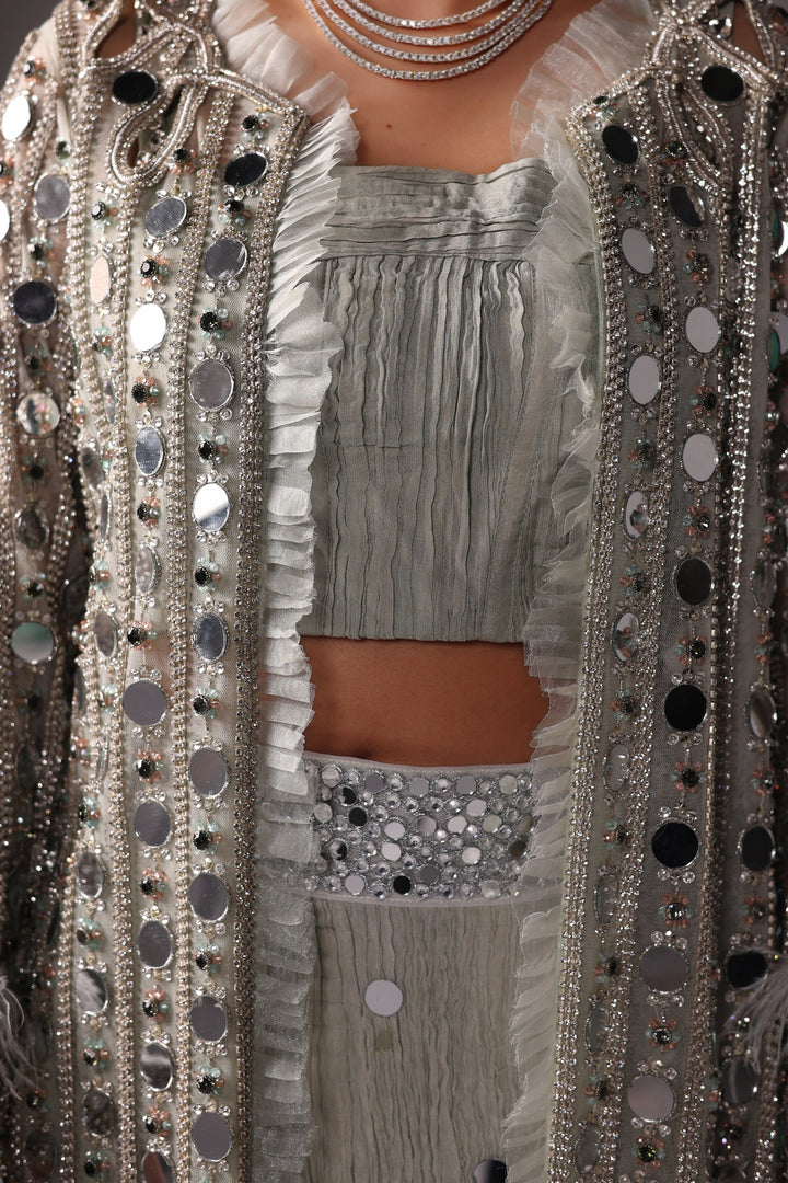 Reema Ahsan - Aveen Net & Crushed Silk Jacket Dress For Women Green - 3 Piece