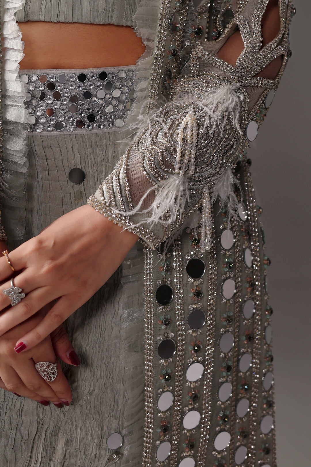 Reema Ahsan - Aveen Net & Crushed Silk Jacket Dress For Women Green - 3 Piece