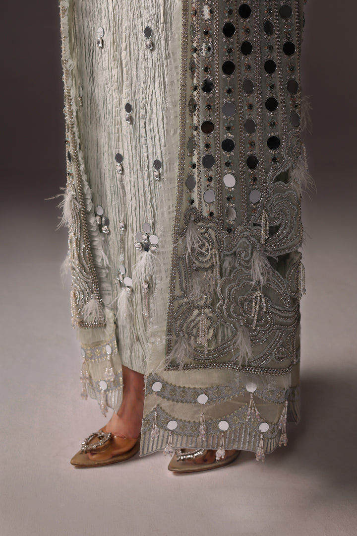 Reema Ahsan - Aveen Net & Crushed Silk Jacket Dress For Women Green - 3 Piece