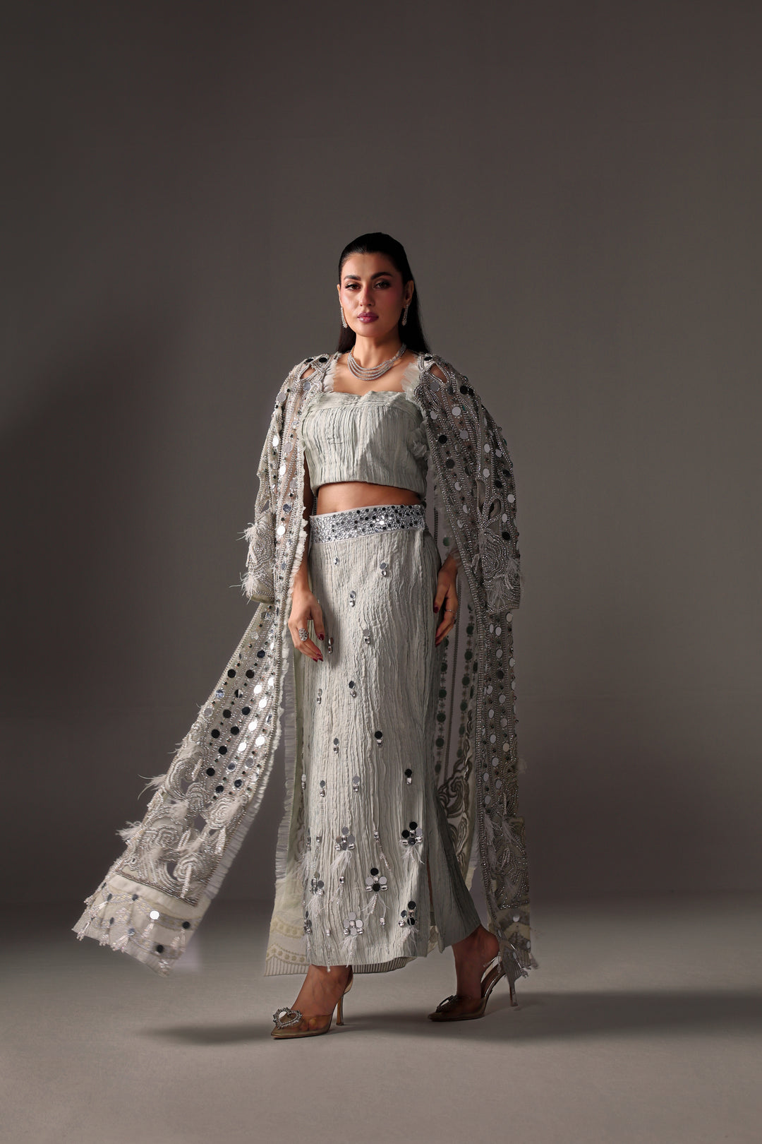 Reema Ahsan - Aveen Net & Crushed Silk Jacket Dress For Women Green - 3 Piece