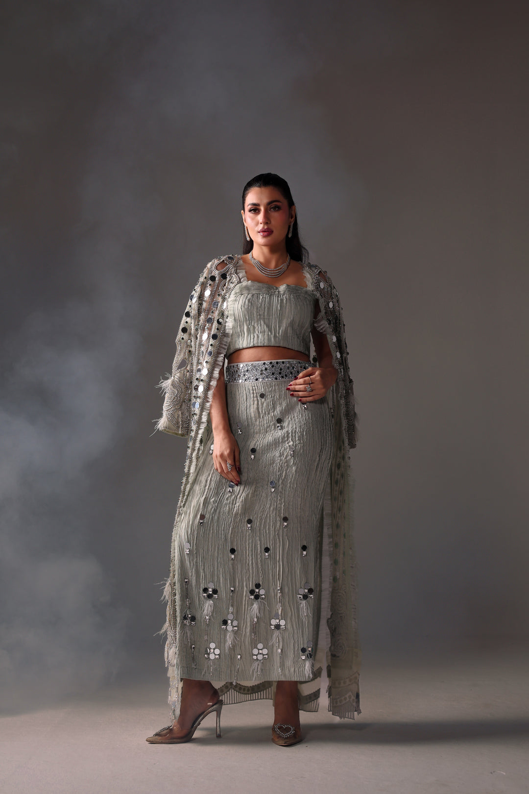 Reema Ahsan - Aveen Net & Crushed Silk Jacket Dress For Women Green - 3 Piece