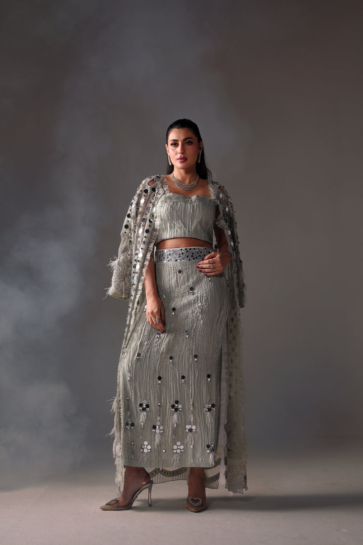 Reema Ahsan - Aveen Net & Crushed Silk Jacket Dress For Women Green - 3 Piece