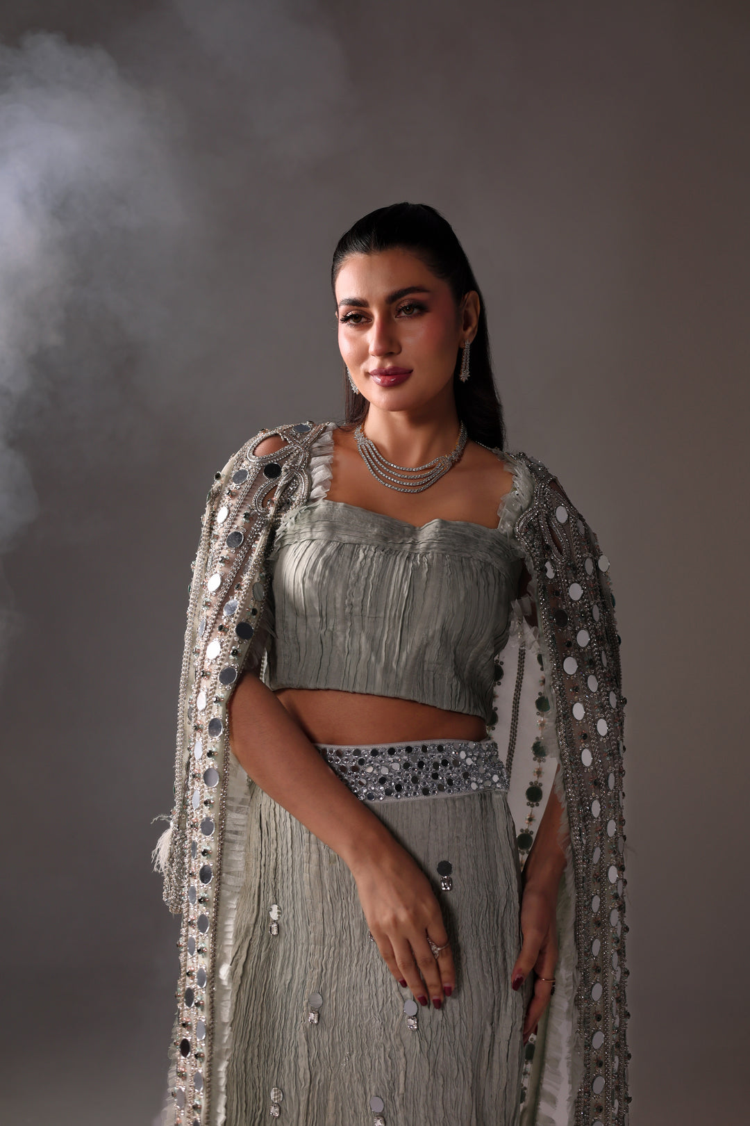 Reema Ahsan - Aveen Net & Crushed Silk Jacket Dress For Women Green - 3 Piece