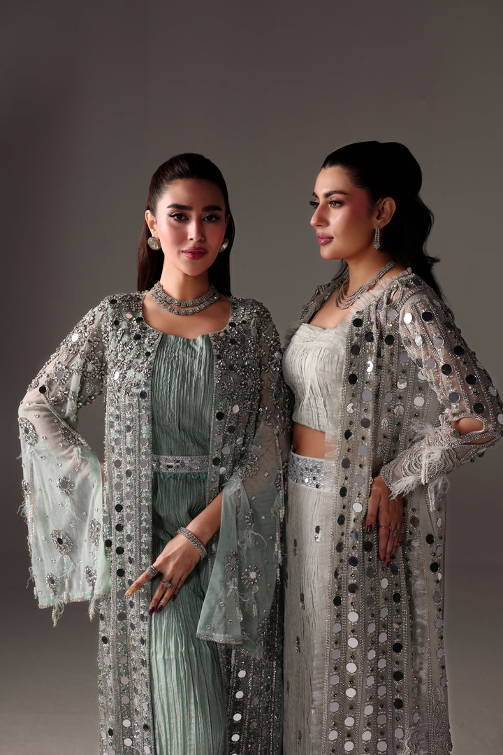 Reema Ahsan - Aveen Net & Crushed Silk Jacket Dress For Women Green - 3 Piece