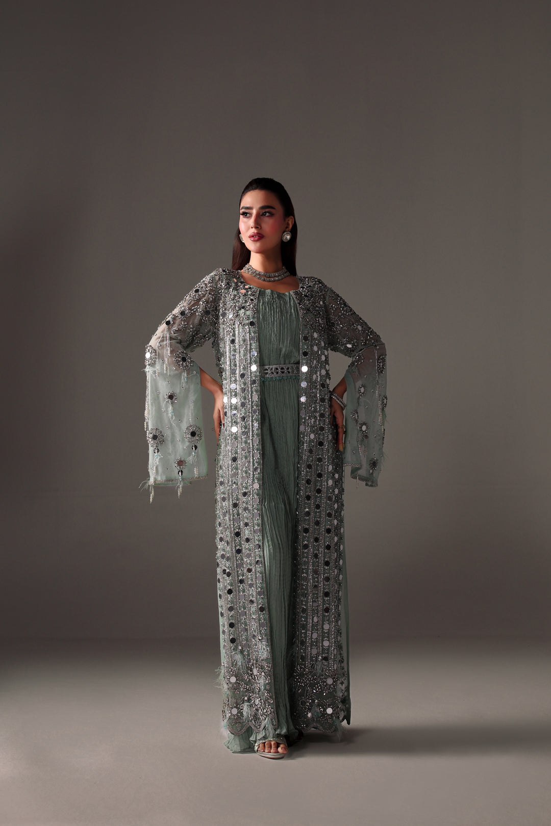 Reema Ahsan - Monisa Net & Crushed Silk Jump Suit For Women - Light Green - 2 Piece