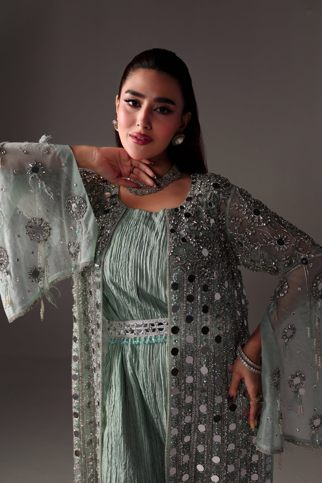 Reema Ahsan - Monisa Net & Crushed Silk Jump Suit For Women - Light Green - 2 Piece