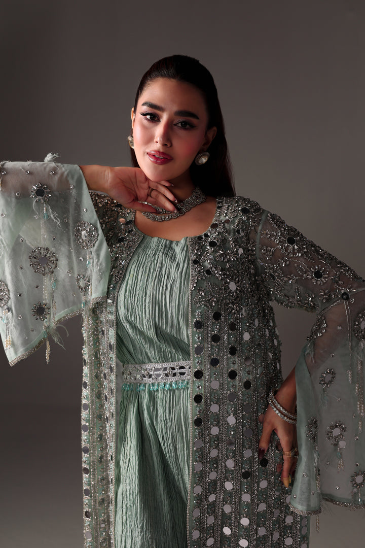 Reema Ahsan - Monisa Net & Crushed Silk Jump Suit For Women - Light Green - 2 Piece