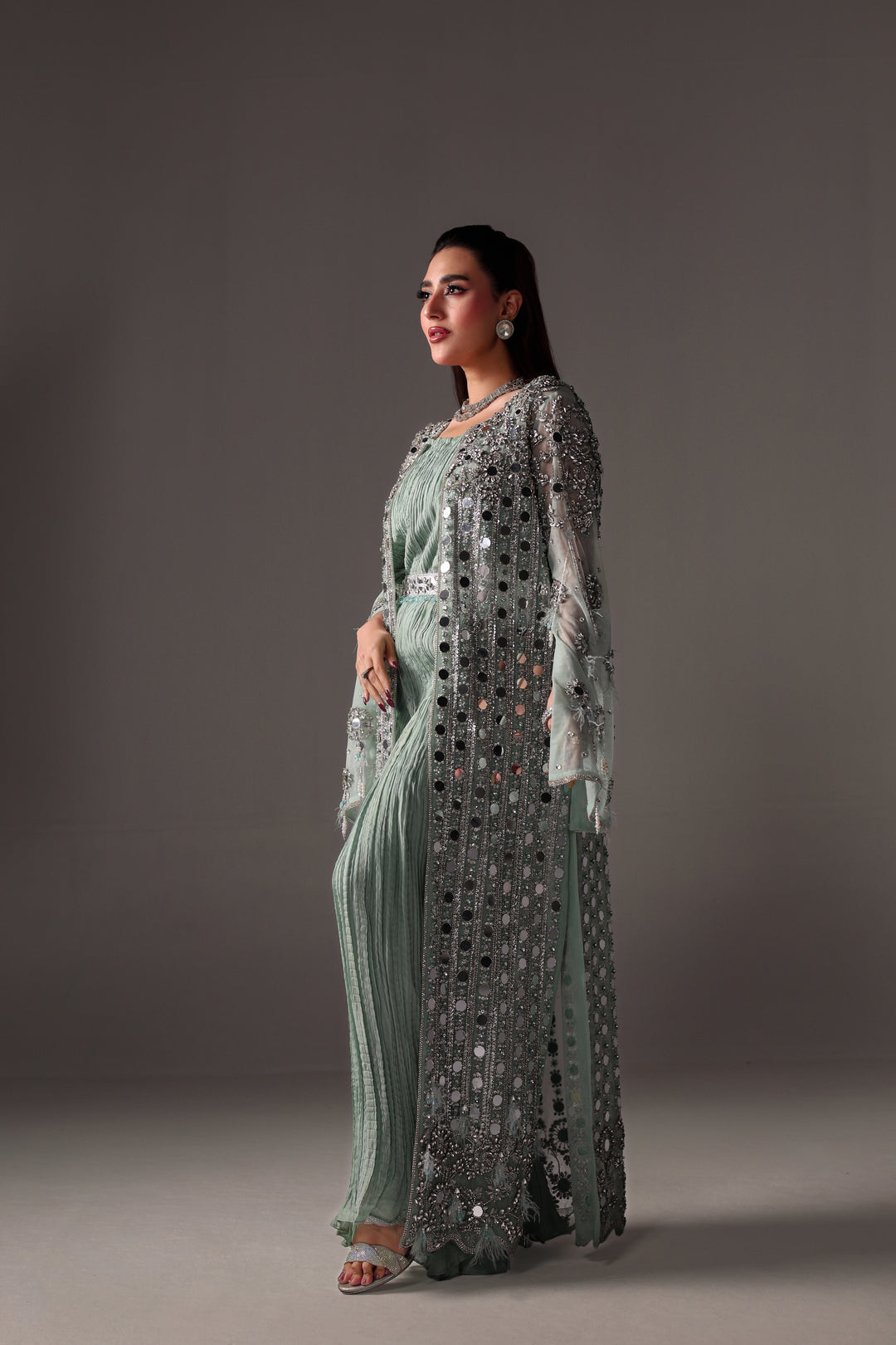 Reema Ahsan - Monisa Net & Crushed Silk Jump Suit For Women - Light Green - 2 Piece