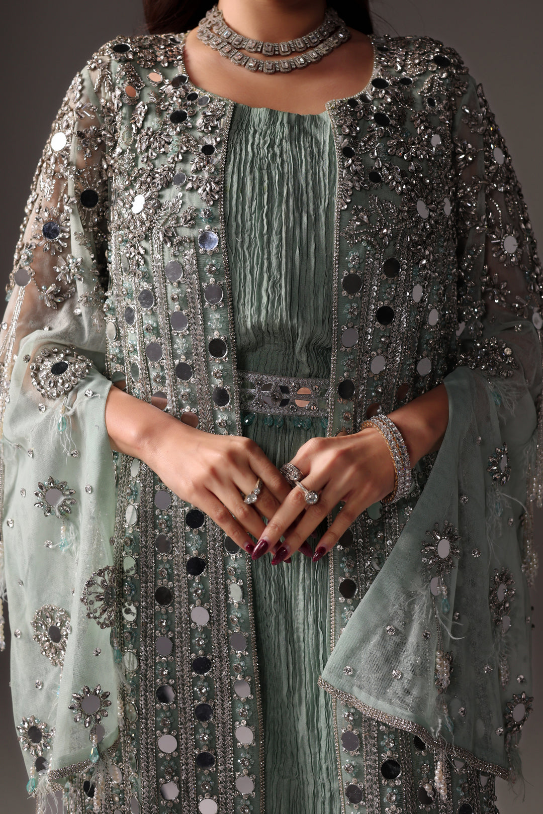 Reema Ahsan - Monisa Net & Crushed Silk Jump Suit For Women - Light Green - 2 Piece