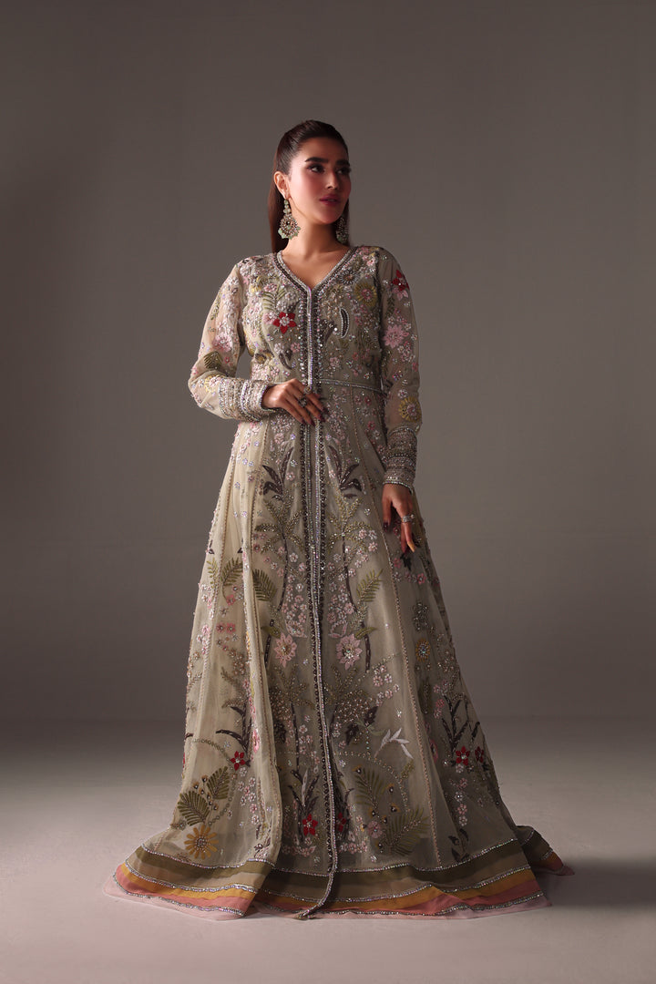 Reema Ahsan - Reva Net & Silk Jacket Dress For Women Green - 2 Piece