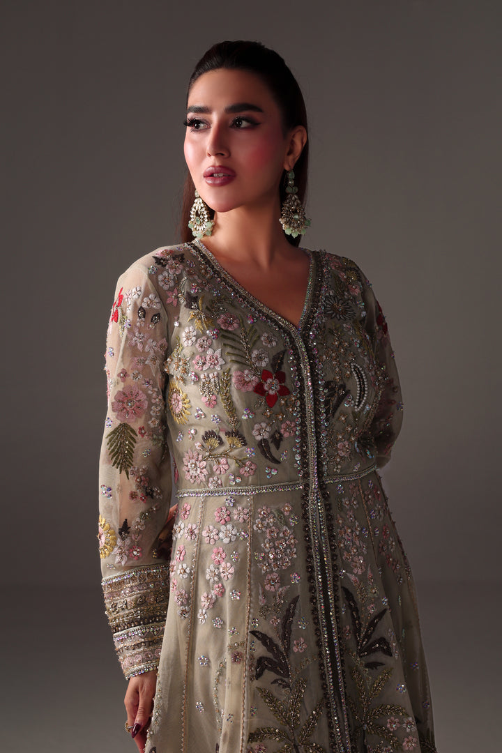 Reema Ahsan - Reva Net & Silk Jacket Dress For Women Green - 2 Piece