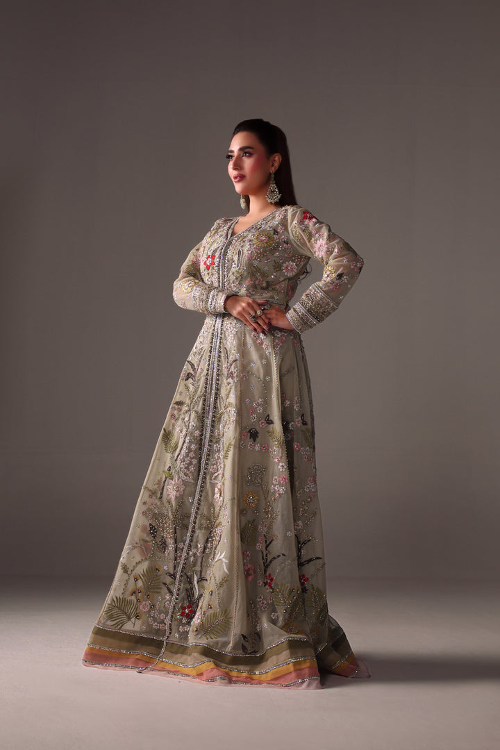 Reema Ahsan - Reva Net & Silk Jacket Dress For Women Green - 2 Piece