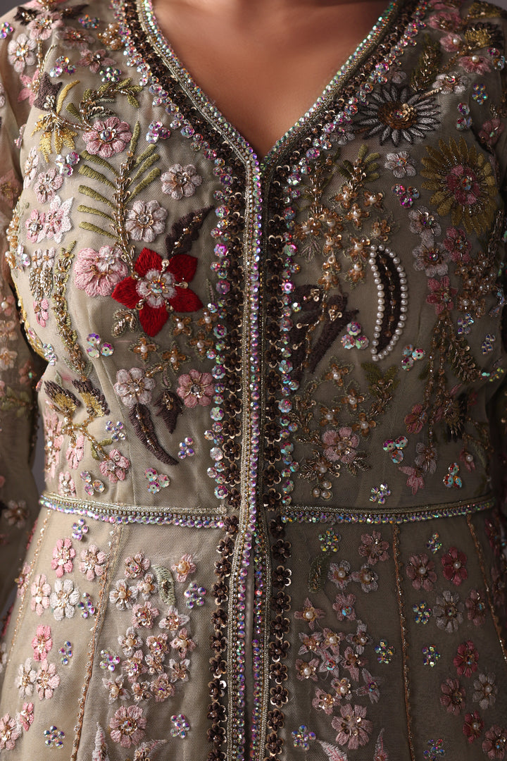 Reema Ahsan - Reva Net & Silk Jacket Dress For Women Green - 2 Piece