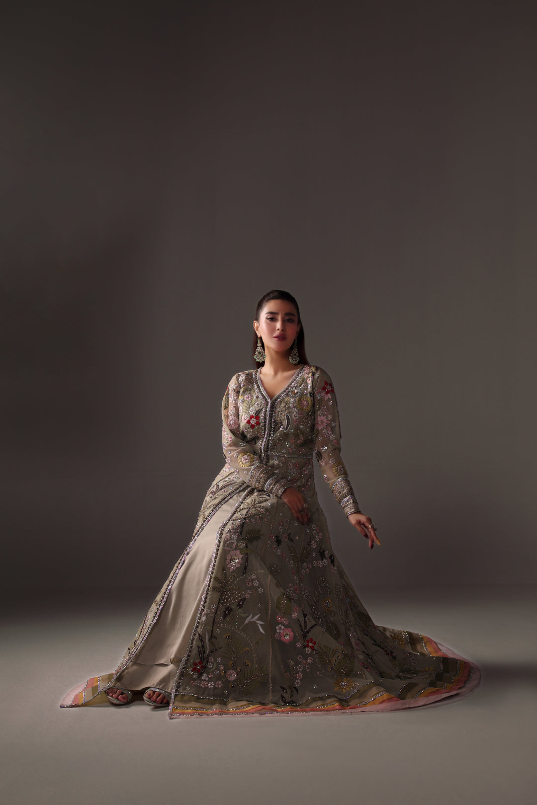 Reema Ahsan - Reva Net & Silk Jacket Dress For Women Green - 2 Piece