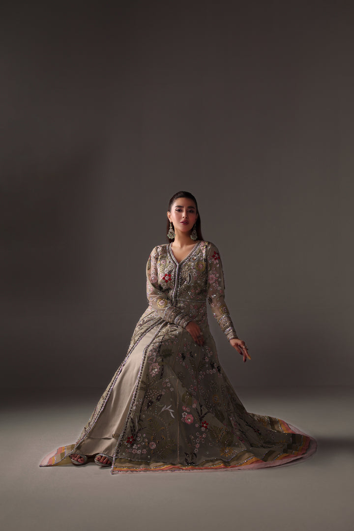 Reema Ahsan - Reva Net & Silk Jacket Dress For Women Green - 2 Piece