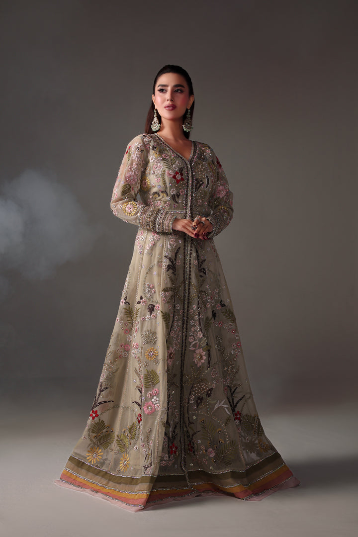 Reema Ahsan - Reva Net & Silk Jacket Dress For Women Green - 2 Piece