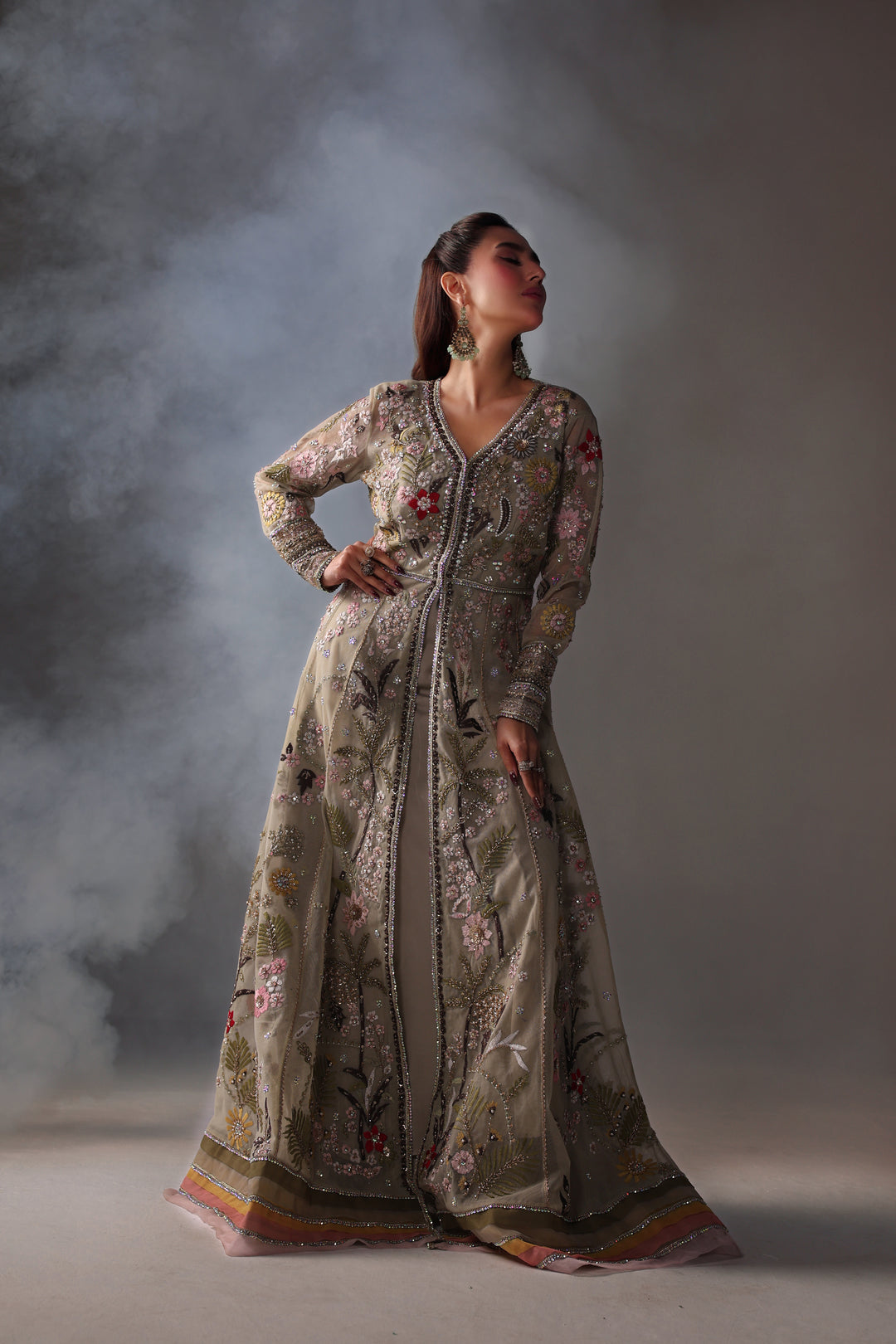 Reema Ahsan - Reva Net & Silk Jacket Dress For Women Green - 2 Piece