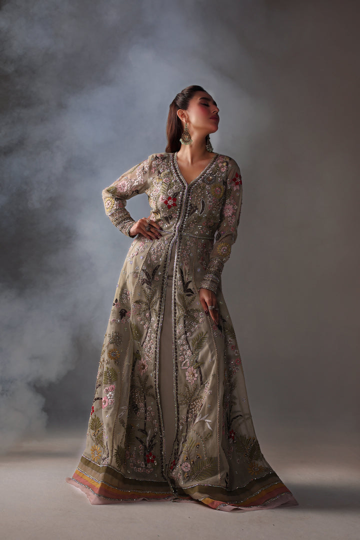 Reema Ahsan - Reva Net & Silk Jacket Dress For Women Green - 2 Piece