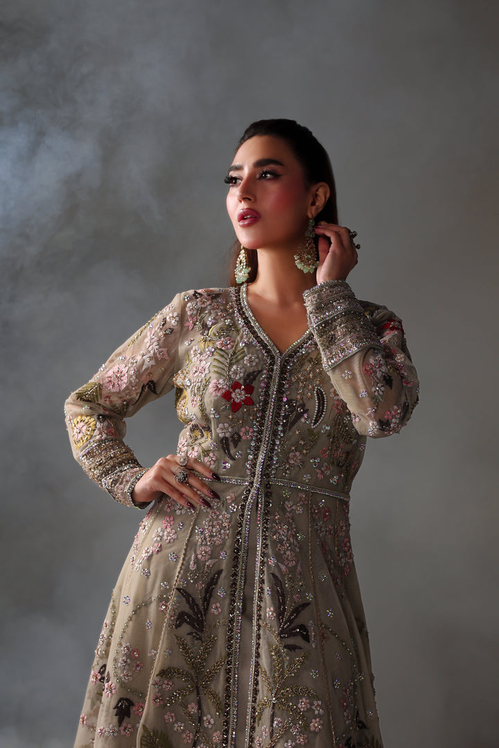 Reema Ahsan - Reva Net & Silk Jacket Dress For Women Green - 2 Piece