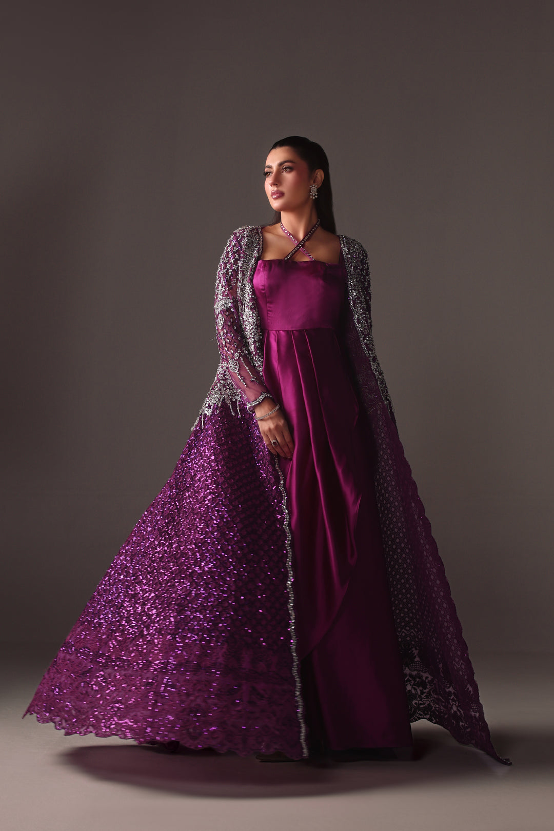 Reema Ahsan - Ava Net & Silk Jacket Dress For Women - Purple - 2 Piece