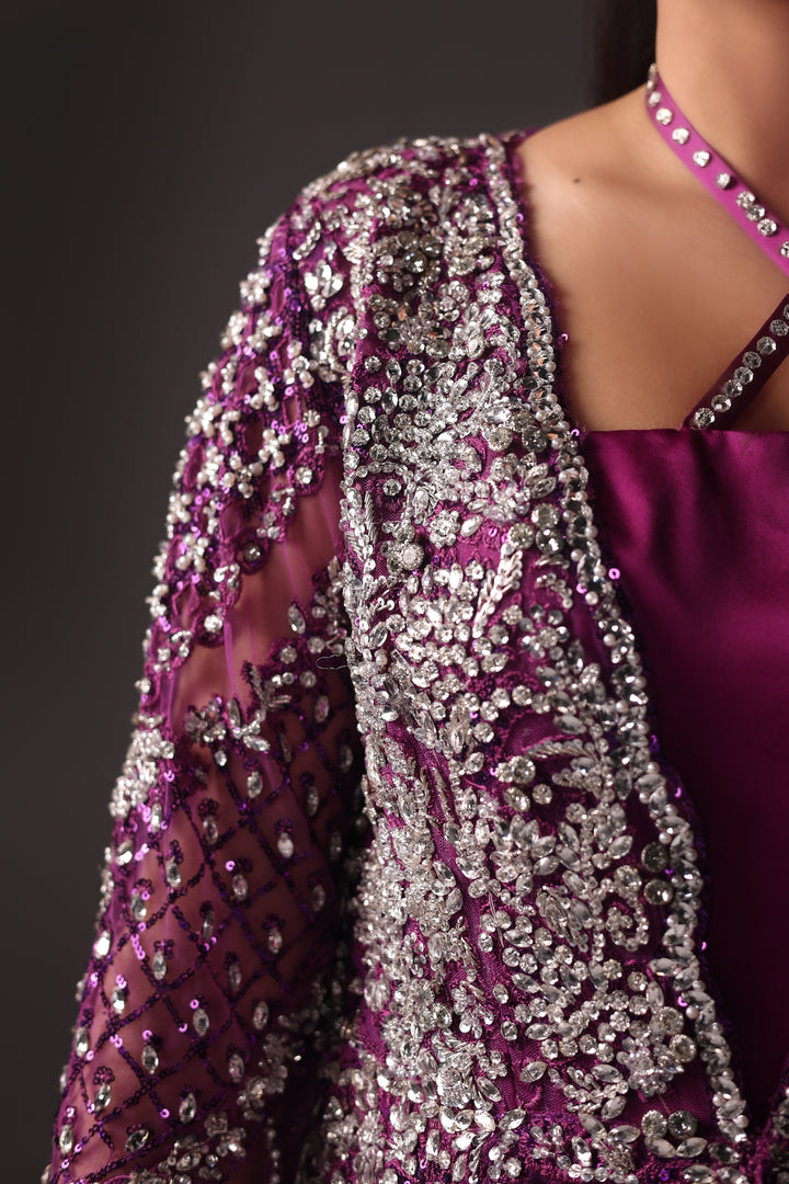 Reema Ahsan - Ava Net & Silk Jacket Dress For Women - Purple - 2 Piece