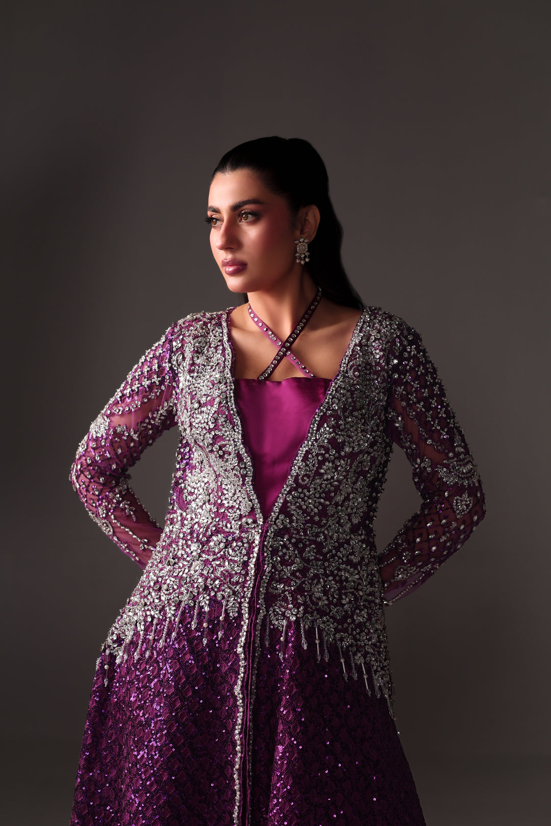 Reema Ahsan - Ava Net & Silk Jacket Dress For Women - Purple - 2 Piece