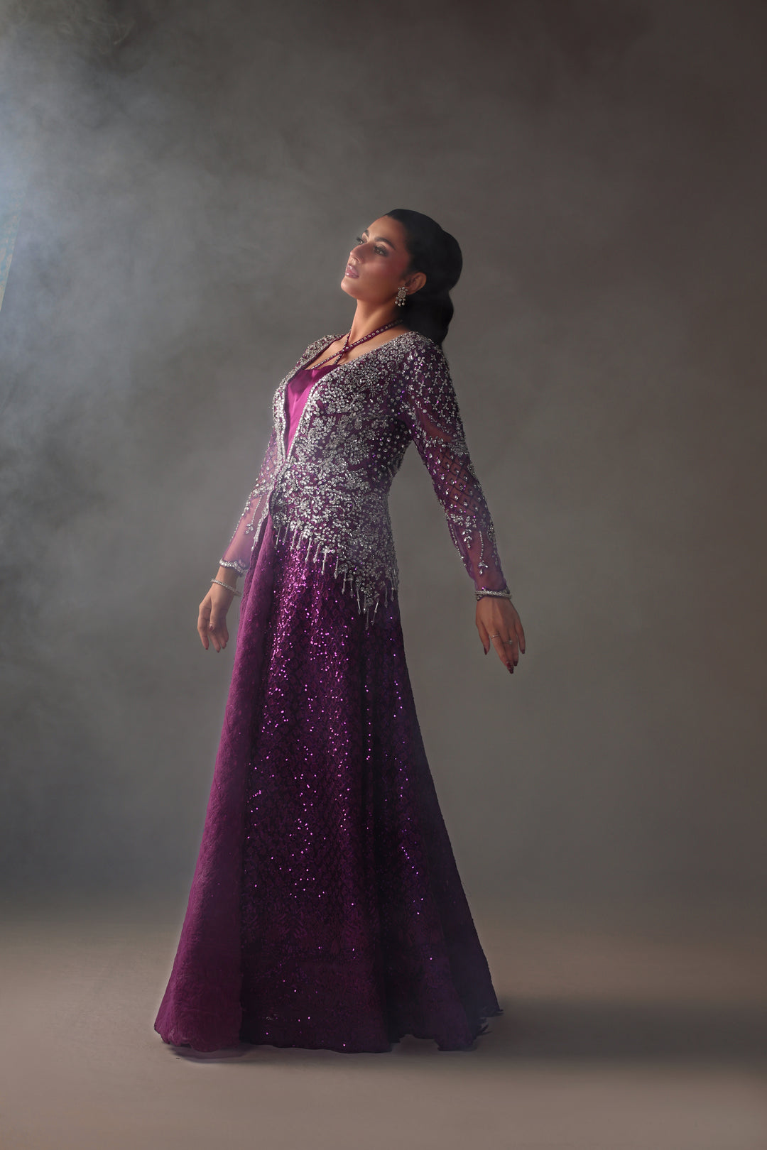 Reema Ahsan - Ava Net & Silk Jacket Dress For Women - Purple - 2 Piece