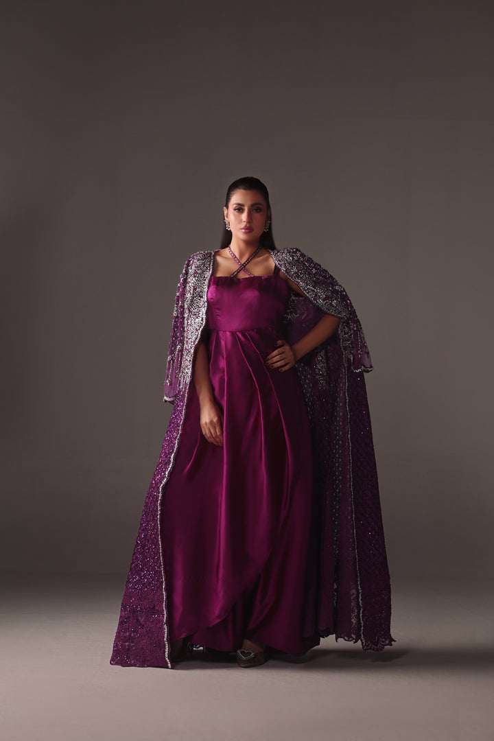 Reema Ahsan - Ava Net & Silk Jacket Dress For Women - Purple - 2 Piece